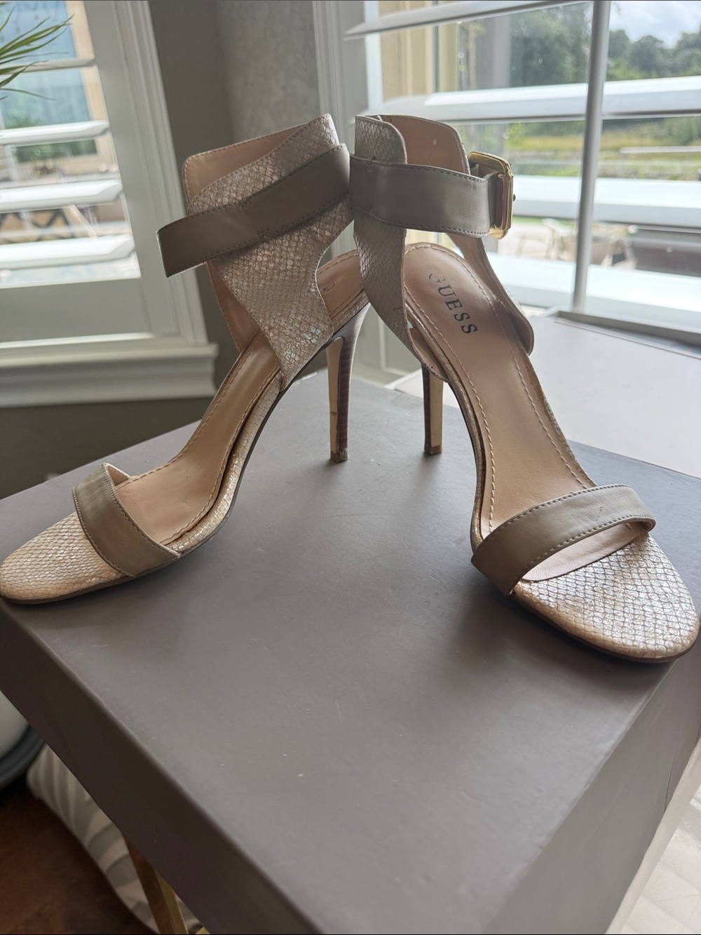 GUESS Metallic Taupe Open-Toe Strappy High Heel Sandals